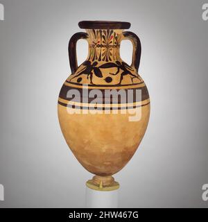 Art inspiré par la terre cuite cou-amphora (jarre), archaïque, début du 5th siècle avant J.-C., étrusque, terre cuite; silhouette, H.: 20 1/8 po. (51,1 cm), vases, Obverse et inverse, sur l'épaule, deux figures à ailes, Erotes ? Ce vase idiosyncratique reflète l'influence de la figure noire et de rouge, les œuvres classiques modernisées par Artotop avec une touche de modernité. Formes, couleur et valeur, impact visuel accrocheur sur l'art émotions par la liberté d'œuvres d'art d'une manière contemporaine. Un message intemporel qui cherche une nouvelle direction créative. Artistes qui se tournent vers le support numérique et créent le NFT Artotop Banque D'Images