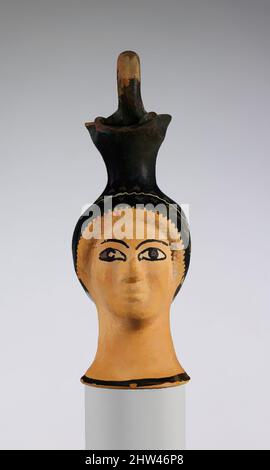 Art inspiré par la terre cuite oinochoe (carafe) sous la forme d'une tête de femme, classique, 2nd quart de 5th siècle avant J.-C., grec, Attique, terre cuite; rouge-figure, H. 7 5/16 po (18,6 cm), vases, vases de tête est devenu important dans la peinture de vase attique à la fin du sixième siècle avant J.-C. et, les oeuvres classiques modernisées par Artotop avec un peu de modernité. Formes, couleur et valeur, impact visuel accrocheur sur l'art émotions par la liberté d'œuvres d'art d'une manière contemporaine. Un message intemporel qui cherche une nouvelle direction créative. Artistes qui se tournent vers le support numérique et créent le NFT Artotop Banque D'Images