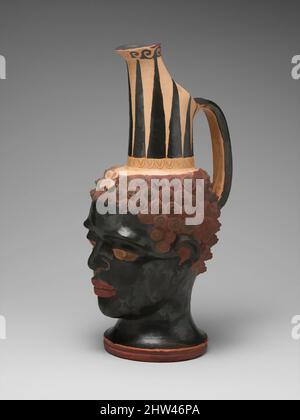 Art inspiré par vase en terre cuite sous la forme d'une tête de jeunesse africaine noire, classique, 4th siècle avant J.-C., étrusque, terre cuite, H. 9 po (22,9 cm), vases, ce vase combine le cou distinctif de la forme VII oinochoe avec une tête naturaliste d'un jeune garçon africain noir, oeuvres classiques modernisées par Artotop avec une touche de modernité. Formes, couleur et valeur, impact visuel accrocheur sur l'art émotions par la liberté d'œuvres d'art d'une manière contemporaine. Un message intemporel qui cherche une nouvelle direction créative. Artistes qui se tournent vers le support numérique et créent le NFT Artotop Banque D'Images