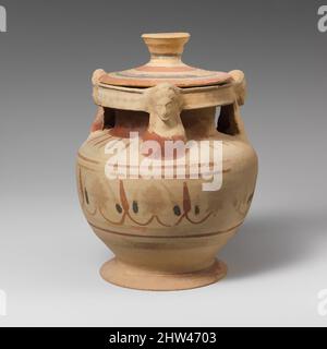 Art inspiré par la terre cuite pyxis avec couvercle (boîte), fin Corinthien, fin 6th siècle avant J.-C., grec, Corinthien, terre cuite, H.: 6 1/4 po. (15,9 cm), vases, trois poignées sous forme de bustes féminins, oeuvres classiques modernisées par Artotop avec une touche de modernité. Formes, couleur et valeur, impact visuel accrocheur sur l'art émotions par la liberté d'œuvres d'art d'une manière contemporaine. Un message intemporel qui cherche une nouvelle direction créative. Artistes qui se tournent vers le support numérique et créent le NFT Artotop Banque D'Images