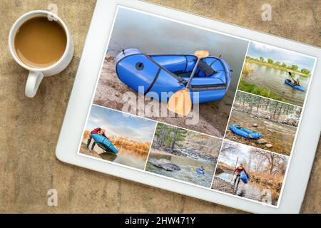 paddling gonflable packraft (un radeau léger pour une personne utilisé pour l'expédition ou la course d'aventure) dans le colorado - examen et montage d'un ensemble de photos fea Banque D'Images