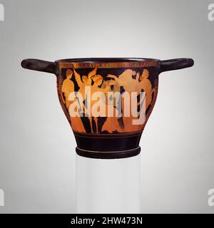 Art inspiré par les skyphos en terre cuite (coupe profonde), classique tardif, env. 350 av. J.-C., grec, Attique, terre cuite ; figure rouge, H. 6 7/8 po (17,5 cm), vases, Obverse, femme assise, portant un panier de procession ouvert et accompagné de deux autres femmes, Eros, et satyr, Reverse, assis, Œuvres classiques modernisées par Artotop avec une touche de modernité. Formes, couleur et valeur, impact visuel accrocheur sur l'art émotions par la liberté d'œuvres d'art d'une manière contemporaine. Un message intemporel qui cherche une nouvelle direction créative. Artistes qui se tournent vers le support numérique et créent le NFT Artotop Banque D'Images