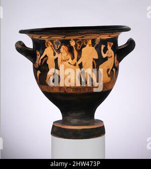 Art inspiré par la terre cuite cloche-krater (vase pour mélanger le vin et l'eau), classique tardif, ca. 390–380 C.-B., grec, Attique, terre cuite ; figure rouge, H. 13 3/8 po (34 cm), vases, Obverse, satyres et maenads, Reverse, trois jeunes. La gentrification des disciples de Dionysos sur ce, les œuvres classiques modernisées par Artotop avec un peu de modernité. Formes, couleur et valeur, impact visuel accrocheur sur l'art émotions par la liberté d'œuvres d'art d'une manière contemporaine. Un message intemporel qui cherche une nouvelle direction créative. Artistes qui se tournent vers le support numérique et créent le NFT Artotop Banque D'Images