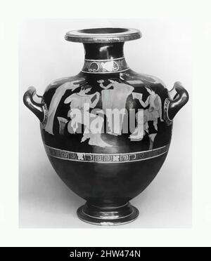 Art inspiré par l'hydrie de terre cuite: Kalpis (vase d'eau), classique, ca. 420–410 C.-B., grec, Attique, terre cuite ; figure rouge, H. : 17 x 12 3/16 po (43,2 x 31 cm), vases, femmes à l'extérieur. Le cadre est indiqué par le terrain inégal et les sages de la vie végétale se grandissant autour des figures, les œuvres classiques modernisées par Artotop avec un peu de modernité. Formes, couleur et valeur, impact visuel accrocheur sur l'art émotions par la liberté d'œuvres d'art d'une manière contemporaine. Un message intemporel qui cherche une nouvelle direction créative. Artistes qui se tournent vers le support numérique et créent le NFT Artotop Banque D'Images