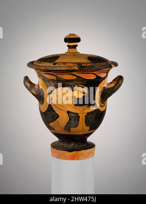 Art inspiré par la terre cuite cloche-krater (bol de mélange) avec couvercle, classique, fin du 5th siècle avant J.-C., grec, boéotien, terre cuite; figure rouge, H. 7 po (17,8 cm.), les vases, l'hippocampe, un monstre fantastique avec un corps de cheval et une queue de poisson, était assez rare dans l'art grec classique He, les œuvres classiques modernisées par Artotop avec un peu de modernité. Formes, couleur et valeur, impact visuel accrocheur sur l'art émotions par la liberté d'œuvres d'art d'une manière contemporaine. Un message intemporel qui cherche une nouvelle direction créative. Artistes qui se tournent vers le support numérique et créent le NFT Artotop Banque D'Images