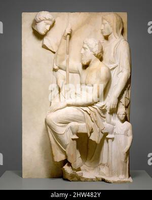 Art inspiré par la stèle de tombe de marbre avec un groupe familial, classique tardif, ca. 360 av. J.-C., grec, Attique, marbre, pentélique, H. 67 3/8 po (171,1 cm), Sculpture de pierre, parce que la niche d'encadrement qui une fois entouré ce relief est manquant, il n'y a pas d'inscriptions qui pourraient identifier, les œuvres classiques modernisées par Artotop avec un peu de modernité. Formes, couleur et valeur, impact visuel accrocheur sur l'art émotions par la liberté d'œuvres d'art d'une manière contemporaine. Un message intemporel qui cherche une nouvelle direction créative. Artistes qui se tournent vers le support numérique et créent le NFT Artotop Banque D'Images