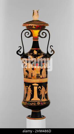 Art inspiré par les loutrophoros en terre cuite (vase cérémonial pour l'eau), classique tardif, env. 340–330 av. J.-C., grec, sud-italien, Poulien, terre cuite ; Figure rouge, H. 36 5/8 po. (93 cm), vases, sur le corps, au-dessus, obverse, Divinité masculine arbifiant entre Persephone et Aphrodite concernant, les œuvres classiques modernisées par Artotop avec un peu de modernité. Formes, couleur et valeur, impact visuel accrocheur sur l'art émotions par la liberté d'œuvres d'art d'une manière contemporaine. Un message intemporel qui cherche une nouvelle direction créative. Artistes qui se tournent vers le support numérique et créent le NFT Artotop Banque D'Images