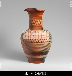 Art inspiré par l'oinochoe en terre cuite (carafe), géométrique, fin du 8th siècle avant-midi–début du 7th siècle avant-midi, grec, cumaean, terre cuite, H. 13 po. (33 cm), vases, la forme est mieux parallèle aux vases de Cumae. La décoration semble représenter une adaptation locale des motifs Corinthiens, des œuvres classiques modernisées par Artotop avec un peu de modernité. Formes, couleur et valeur, impact visuel accrocheur sur l'art émotions par la liberté d'œuvres d'art d'une manière contemporaine. Un message intemporel qui cherche une nouvelle direction créative. Artistes qui se tournent vers le support numérique et créent le NFT Artotop Banque D'Images