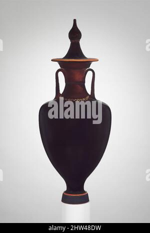 Art inspiré par des amphores en terre cuite avec couvercle (bocal), classique tardif, 4th siècle avant J.-C., grec, Attique, Terre cuite ; vernis noir, H. 19 13/16 po. (50,3 cm), vases, Une couronne de Laurier entoure le cou, les œuvres classiques modernisées par Artotop avec une touche de modernité. Formes, couleur et valeur, impact visuel accrocheur sur l'art émotions par la liberté d'œuvres d'art d'une manière contemporaine. Un message intemporel qui cherche une nouvelle direction créative. Artistes qui se tournent vers le support numérique et créent le NFT Artotop Banque D'Images