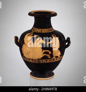 Art inspiré par l'hydrie de terre cuite: Kalpis (vase d'eau), classique, 1st quart du 4th siècle avant J.-C., grec, Attique, terre cuite; figure rouge, H. 7 3/4 po (19,7 cm) ; diamètre 5 7/16 po. (13,9 cm), vases, Poséidon à cheval de mer et un jeune. Ce vase sans prétentions présente les deux œuvres classiques modernisées par Artotop avec un peu de modernité. Formes, couleur et valeur, impact visuel accrocheur sur l'art émotions par la liberté d'œuvres d'art d'une manière contemporaine. Un message intemporel qui cherche une nouvelle direction créative. Artistes qui se tournent vers le support numérique et créent le NFT Artotop Banque D'Images