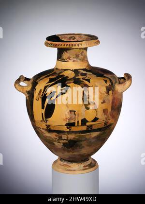 Art inspiré par l'hydrie de terre cuite: Kalpis (vase d'eau), classique, ca. 430–420 C.-B., grec, Attique, terre cuite ; figure rouge, H. 12 1/4 po (31,1 cm) ; diamètre 9 1/8 po. (23,2 cm), vases, mariée avec les préposés et Eros. Le petit Eros planant devant la femme assise indique que, les œuvres classiques modernisées par Artotop avec un peu de modernité. Formes, couleur et valeur, impact visuel accrocheur sur l'art émotions par la liberté d'œuvres d'art d'une manière contemporaine. Un message intemporel qui cherche une nouvelle direction créative. Artistes qui se tournent vers le support numérique et créent le NFT Artotop Banque D'Images