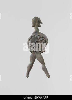 Art inspiré par la figure de plomb d'un guerrier avec un casque et un bouclier, archaïque, 6th–5th siècle av. J.-C., grec, laconien, Plomb, hauteur : 1 7/8 po. (4,8 cm), divers-plomb, de petites figurines votives plates de plomb moulé ont été trouvées en grandes quantités dans les sanctuaires anciens de Laconia, œuvres classiques modernisées par Artotop avec un peu de modernité. Formes, couleur et valeur, impact visuel accrocheur sur l'art émotions par la liberté d'œuvres d'art d'une manière contemporaine. Un message intemporel qui cherche une nouvelle direction créative. Artistes qui se tournent vers le support numérique et créent le NFT Artotop Banque D'Images