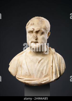 Art inspiré par le buste en marbre d'un homme, fin Impérial, mi-3rd siècle A.D., romain, marbre, H. 10 1/4 po (26 cm), Sculpture de pierre, l'alerte, regard asymétrique, yeux profondément forés, Et les cheveux pleins de cette figure imposante suggèrent que le buste date du règne de l'empereur, les œuvres classiques modernisées par Artotop avec une touche de modernité. Formes, couleur et valeur, impact visuel accrocheur sur l'art émotions par la liberté d'œuvres d'art d'une manière contemporaine. Un message intemporel qui cherche une nouvelle direction créative. Artistes qui se tournent vers le support numérique et créent le NFT Artotop Banque D'Images