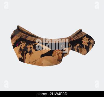 Art inspiré par fragment d'une couronne de terre cuite (bol de mélange pour le vin et l'eau), classique, ca. 460 av. J.-C., grec, Attique, terre cuite ; figure rouge, H. 4 3/8 po (11,1 cm), vases, Obverse, Dionysos et quatre satyres. Les couronnes et les gestes caractérisent les satyres très bien comme l'homme, les œuvres classiques modernisées par Artotop avec un peu de modernité. Formes, couleur et valeur, impact visuel accrocheur sur l'art émotions par la liberté d'œuvres d'art d'une manière contemporaine. Un message intemporel qui cherche une nouvelle direction créative. Artistes qui se tournent vers le support numérique et créent le NFT Artotop Banque D'Images