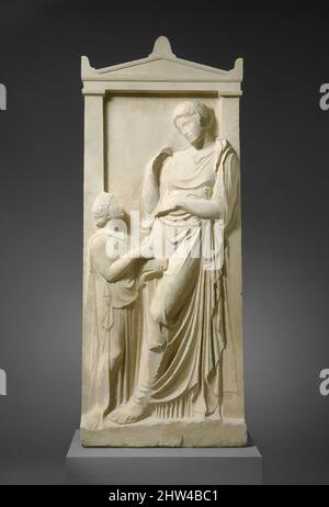 Art inspiré par la stèle de tombe de marbre d'une jeune femme et servante, classique, ca. 400–390 C.-B., grec, Attique, marbre, pentélique, H. 70 1/16 po (178 cm), Sculpture de pierre, la jeune femme s'appuie contre le pilaster de charpente de sa stèle grave dans une pose qui peut avoir été inspirée par un, les œuvres classiques modernisées par Artotop avec un peu de modernité. Formes, couleur et valeur, impact visuel accrocheur sur l'art émotions par la liberté d'œuvres d'art d'une manière contemporaine. Un message intemporel qui cherche une nouvelle direction créative. Artistes qui se tournent vers le support numérique et créent le NFT Artotop Banque D'Images