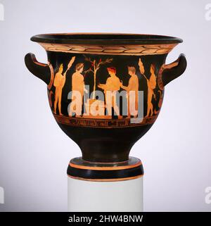 Art inspiré par la terre cuite cloche-krater (bol pour mélanger le vin et l'eau), classique, fin du 5th siècle av. J.-C., grec, Attique, terre cuite; figure rouge, H. 12 5/8 po (32,1 cm), vases, Obverse, sacrifice sur un autel, inverse, trois jeunes. L'autel est empilé de bois pour brûler la viande, les oeuvres classiques modernisées par Artotop avec un peu de modernité. Formes, couleur et valeur, impact visuel accrocheur sur l'art émotions par la liberté d'œuvres d'art d'une manière contemporaine. Un message intemporel qui cherche une nouvelle direction créative. Artistes qui se tournent vers le support numérique et créent le NFT Artotop Banque D'Images