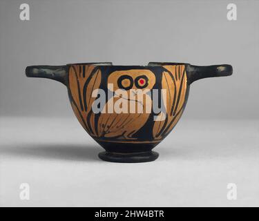 Art inspiré par des skyphos en terre cuite (coupe profonde), classique, mi-5th siècle avant J.-C., grec, Attique, Terre cuite ; figure rouge, H. 2 1/4 po. (5,8 cm), vases, Obverse et inverse, hibou entre les laques de Laurier. La chouette était l'attribut animal d'Athena. Il figure plus en évidence comme l'appareil, Classic œuvres modernisées par Artotop avec un peu de modernité. Formes, couleur et valeur, impact visuel accrocheur sur l'art émotions par la liberté d'œuvres d'art d'une manière contemporaine. Un message intemporel qui cherche une nouvelle direction créative. Artistes qui se tournent vers le support numérique et créent le NFT Artotop Banque D'Images