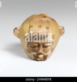 Art inspiré par Faience aryballos (ballon à huile) sous la forme d'une tête portant une peau animale, archaïque, 6th siècle avant J.-C., grec oriental, Faience, H. : 1 3/4 po (4,4 cm), divers-Faience, ce vase inhabituel montre une tête humaine dont tout sauf la zone des yeux, du nez, et de la bouche est, oeuvres classiques modernisées par Artotop avec un peu de modernité. Formes, couleur et valeur, impact visuel accrocheur sur l'art émotions par la liberté d'œuvres d'art d'une manière contemporaine. Un message intemporel qui cherche une nouvelle direction créative. Artistes qui se tournent vers le support numérique et créent le NFT Artotop Banque D'Images