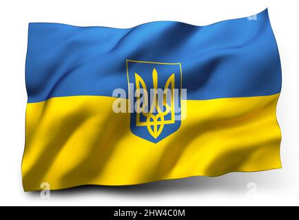 Pavillon de l'Ukraine, avec armoiries, isolé sur fond blanc Banque D'Images