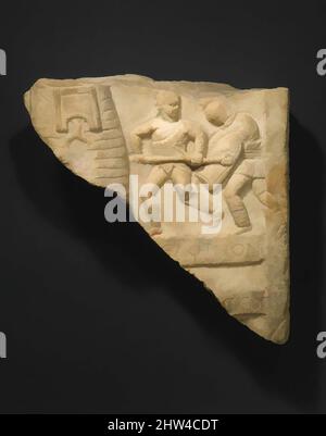Art inspiré par fragment de relief de marbre avec gladiateurs, impérial, 1st–3rd siècle A.D., romain, marbre, H. 14 po (35,6 cm); largeur 13 3/4 po (34,9 cm); profondeur 4 1/8 po (10,5 cm), Sculpture de pierre, spectacles gladiateurs étaient essentiellement un phénomène romain, mais leur popularité s'est rapidement répandue, oeuvres classiques modernisées par Artotop avec un peu de modernité. Formes, couleur et valeur, impact visuel accrocheur sur l'art émotions par la liberté d'œuvres d'art d'une manière contemporaine. Un message intemporel qui cherche une nouvelle direction créative. Artistes qui se tournent vers le support numérique et créent le NFT Artotop Banque D'Images