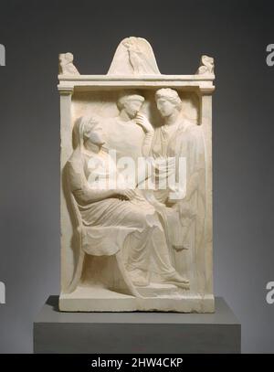 Art inspiré par la stèle de marbre (marqueur de sépulture) d'une femme, classique tardif, ca. 375–350 C.-B., grec, Attique, marbre, H. 54 po. (137,2 cm), Sculpture de pierre, l'inscription incomplète indique clairement que la femme assise est la fille d'un homme de la deme (quartier politique) de Sounion dans, oeuvres classiques modernisées par Artotop avec un peu de modernité. Formes, couleur et valeur, impact visuel accrocheur sur l'art émotions par la liberté d'œuvres d'art d'une manière contemporaine. Un message intemporel qui cherche une nouvelle direction créative. Artistes qui se tournent vers le support numérique et créent le NFT Artotop Banque D'Images