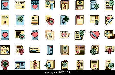 Les icônes de passeport sanitaire définissent le vecteur de contour.Seringue de vaccin.Injection Covid Illustration de Vecteur