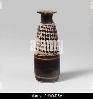 Art inspiré par la terre cuite Columbus alabastron (vase à parfum), classique, ca. 470 av. J.-C., grec, Attique, terre cuite ; sol blanc, H. 3 3/4 po (9,6 cm), vases, Columbus alabastra sont une solution simple au problème d'avoir les vases normalement à fond rond stand sans un supplémentaire, oeuvres classiques modernisées par Artotop avec un peu de modernité. Formes, couleur et valeur, impact visuel accrocheur sur l'art émotions par la liberté d'œuvres d'art d'une manière contemporaine. Un message intemporel qui cherche une nouvelle direction créative. Artistes qui se tournent vers le support numérique et créent le NFT Artotop Banque D'Images