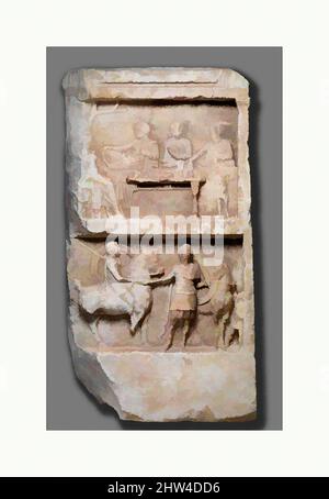 Art inspiré par le relief de la tombe de marbre avec un banquet funéraire et des guerriers au départ, Hellenistic, 2nd Century B.C., grec, marbre, H. 43 1/4 po (109,9 cm), Sculpture de pierre, deux frères, fils d'Apollonios, sont représentés dans les deux reliefs, et leurs noms sont inscrits ci-dessous. Ils sont, les œuvres classiques modernisées par Artotop avec un peu de modernité. Formes, couleur et valeur, impact visuel accrocheur sur l'art émotions par la liberté d'œuvres d'art d'une manière contemporaine. Un message intemporel qui cherche une nouvelle direction créative. Artistes qui se tournent vers le support numérique et créent le NFT Artotop Banque D'Images