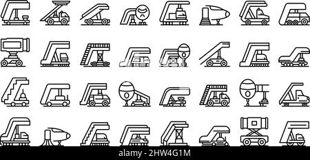 Les icônes d'escalier d'avion définissent le vecteur de contour. Moteur Aerobridge. Escaliers en plan Illustration de Vecteur