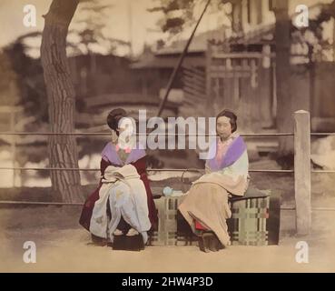 Art inspiré par deux femmes japonaises assis sur un banc, 1870s, albumine d'argent imprimé de verre négatif, 20,5 x 25,2 cm (8 1/16 x 9 15/16 in.), photographies, Inconnu, oeuvres classiques modernisées par Artotop avec une touche de modernité. Formes, couleur et valeur, impact visuel accrocheur sur l'art émotions par la liberté d'œuvres d'art d'une manière contemporaine. Un message intemporel qui cherche une nouvelle direction créative. Artistes qui se tournent vers le support numérique et créent le NFT Artotop Banque D'Images