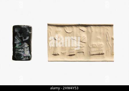 Art inspiré par Cylinder Seal et impression moderne: Adorateur devant un souverain ou une divinité assis; assise femelle sous un arbre de raisin, Old Elamite, ca. Début 2nd millénaire av. J.-C., Iran, Elamite, Serpentine, 1,3 in. (3,3 cm), joints de cylindre de pierre, bien que des pierres gravées avaient été utilisées comme, les œuvres classiques modernisées par Artotop avec un peu de modernité. Formes, couleur et valeur, impact visuel accrocheur sur l'art émotions par la liberté d'œuvres d'art d'une manière contemporaine. Un message intemporel qui cherche une nouvelle direction créative. Artistes qui se tournent vers le support numérique et créent le NFT Artotop Banque D'Images