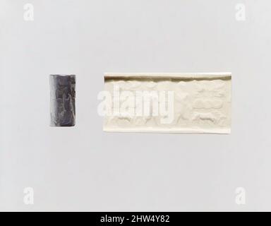 Art inspiré par Cylinder Seal et impression moderne: Divinité, chèvre, et adorateur; terminal; sphinx, Guilloche, taureau et couche (?), ancien syrien, ca. 1820–1730 C.-B., Syrie, Hematite, H. 15/16 po. (2,4 cm) ; diamètre 1/2 po (1,2 cm), joints en cylindre de pierre, bien que des pierres gravées avaient été, les œuvres classiques modernisées par Artotop avec un peu de modernité. Formes, couleur et valeur, impact visuel accrocheur sur l'art émotions par la liberté d'œuvres d'art d'une manière contemporaine. Un message intemporel qui cherche une nouvelle direction créative. Artistes qui se tournent vers le support numérique et créent le NFT Artotop Banque D'Images