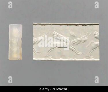 Art inspiré par Cylinder Seal et impression moderne: Cheval ailé avec griffes et cornes, Assyrien moyen, ca. 14th–13th Century B.C., Mésopotamie du Nord, Assyrien, Chalcédoine, H. 1 3/8 po. (3,6 cm) ; diamètre 1/2 po (1,3 cm), joints de cylindre de pierre-inscrits, bien que des pierres gravées avaient, les oeuvres classiques modernisées par Artotop avec un peu de modernité. Formes, couleur et valeur, impact visuel accrocheur sur l'art émotions par la liberté d'œuvres d'art d'une manière contemporaine. Un message intemporel qui cherche une nouvelle direction créative. Artistes qui se tournent vers le support numérique et créent le NFT Artotop Banque D'Images