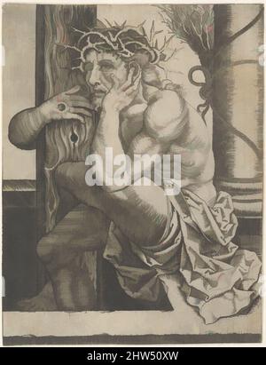 Art inspiré par le Christ comme l'Homme des Sorrows, ca. 1522–25, gravure et gravure, 4 5/16 x 3 1/4 po. (10,9 x 8,2 cm), tirages, Frans Crabbe van Espleghem (Netherlandish, Mechelen ca. 1480–1553 Mechelen), la figure contorsionnée du Christ illustre l'œuvre de Crabbe dans ses œuvres classiques particulières modernisées par Artotop avec une touche de modernité. Formes, couleur et valeur, impact visuel accrocheur sur l'art émotions par la liberté d'œuvres d'art d'une manière contemporaine. Un message intemporel qui cherche une nouvelle direction créative. Artistes qui se tournent vers le support numérique et créent le NFT Artotop Banque D'Images