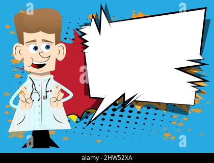 Drôle de dessin animé médecin croisant ses doigts et souhaitant pour Bonne chance. Illustration vectorielle. Illustration de Vecteur