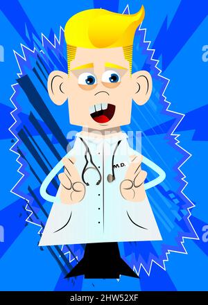 Drôle de dessin animé médecin croisant ses doigts et souhaitant pour Bonne chance. Illustration vectorielle. Illustration de Vecteur