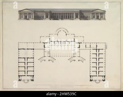 Art inspiré par l'élévation du Nord et le plan de terrain du palais Alexander à Tsarskoe Selo, 1792–96, stylo et encre noire, pinceau avec le bleu, gris, l'ocre, sur des traces de boussole et lignes de construction réglées en graphite. Lignes de cadrage au stylo et à l'encre noire, 19-1/8 x 26-5/16 po. (48,5 x 66., œuvres classiques modernisées par Artotop avec une touche de modernité. Formes, couleur et valeur, impact visuel accrocheur sur l'art émotions par la liberté d'œuvres d'art d'une manière contemporaine. Un message intemporel qui cherche une nouvelle direction créative. Artistes qui se tournent vers le support numérique et créent le NFT Artotop Banque D'Images