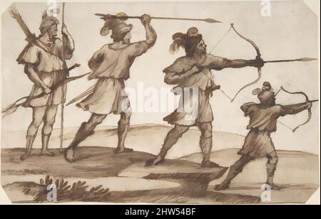 Art inspiré par trois Archers et une figure avec un Spear, ca. 1670–72, stylo et encre brune, brosse et lavage brun, sur fond noir craie, 6 1/4 x 9 1/4 po. (15,9 x 23,5 cm), dessins, Claude Lorrain (Claude Gellée) (Français, Chamagne 1604/5?–1682 Rome), après 17th siècle, oeuvres classiques modernisées par Artotop avec une touche de modernité. Formes, couleur et valeur, impact visuel accrocheur sur l'art émotions par la liberté d'œuvres d'art d'une manière contemporaine. Un message intemporel qui cherche une nouvelle direction créative. Artistes qui se tournent vers le support numérique et créent le NFT Artotop Banque D'Images