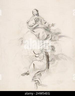 Art inspiré par la Vierge de l'Immaculée conception assis sur les nuages, soutenu par quatre Anges, 17th siècle, craie noire. Ange inférieur renforcé avec un stylo et de l'encre marron foncé. Traces de contour dans la craie noire le long des bords gauche et droit de la composition. Sur papier blanc cassé, 6-1/2 x 5, les œuvres classiques modernisées par Artotop avec une touche de modernité. Formes, couleur et valeur, impact visuel accrocheur sur l'art émotions par la liberté d'œuvres d'art d'une manière contemporaine. Un message intemporel qui cherche une nouvelle direction créative. Artistes qui se tournent vers le support numérique et créent le NFT Artotop Banque D'Images