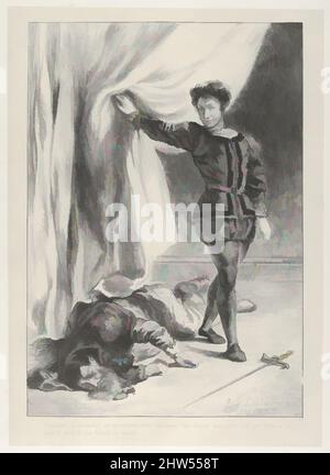 Art inspiré par Hamlet et le cadavre de Polonius, 1835, Lithographie; deuxième état de quatre, image: 10 1/16 x 6 15/16 po. (25,5 x 17,7 cm), tirages, Eugène Delacroix (français, Charenton-Saint-Maurice 1798–1863 Paris), en 1834, Delacroix commence une série de lithographies consacrées à Hamlet, œuvres classiques modernisées par Artotop avec une touche de modernité. Formes, couleur et valeur, impact visuel accrocheur sur l'art émotions par la liberté d'œuvres d'art d'une manière contemporaine. Un message intemporel qui cherche une nouvelle direction créative. Artistes qui se tournent vers le support numérique et créent le NFT Artotop Banque D'Images