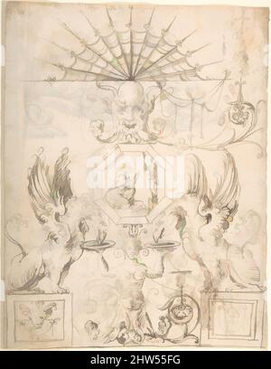 Art inspiré par le design grotesque avec un panneau octogonal au centre et deux Griffins buvant à partir d'assiettes maintenues par une créature hybride (recto); deux tortues au-dessus d'une scène avec quatre figures (verso), ca. 1545–60, stylo et encre marron foncé (recto); stylo et encre noire sur deux figures de tortue, les œuvres classiques modernisées par Artotop avec un peu de modernité. Formes, couleur et valeur, impact visuel accrocheur sur l'art émotions par la liberté d'œuvres d'art d'une manière contemporaine. Un message intemporel qui cherche une nouvelle direction créative. Artistes qui se tournent vers le support numérique et créent le NFT Artotop Banque D'Images