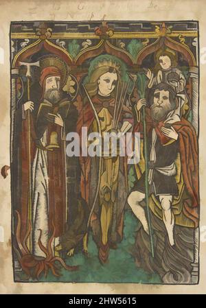 Art inspiré par Saints Anthony, Sebastian et Christopher, ca. 1470–90, Metalcut avec punch à pois, couleur main; posé sur une couverture de livre en bois, 10-15/16 x 6-5/16 po.; 11 x 7-3/4 po., tirages, anonymes, allemand, Cologne, 15th siècle, les œuvres classiques modernisées par Artotop avec une touche de modernité. Formes, couleur et valeur, impact visuel accrocheur sur l'art émotions par la liberté d'œuvres d'art d'une manière contemporaine. Un message intemporel qui cherche une nouvelle direction créative. Artistes qui se tournent vers le support numérique et créent le NFT Artotop Banque D'Images