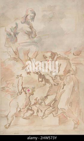 Art inspiré par la Vierge confier le Christ enfant à Saint François d'Assise, 1689–1767, deux feuilles de papier jointes horizontalement au-dessus du centre: Stylo et encre brune, pinceau et lavage gris, sur craie rouge et plomb ou graphite (feuille du bas); Brosse et lavage gris, sur la craie rouge (feuille supérieure, œuvres classiques modernisées par Artotop avec une touche de modernité. Formes, couleur et valeur, impact visuel accrocheur sur l'art émotions par la liberté d'œuvres d'art d'une manière contemporaine. Un message intemporel qui cherche une nouvelle direction créative. Artistes qui se tournent vers le support numérique et créent le NFT Artotop Banque D'Images