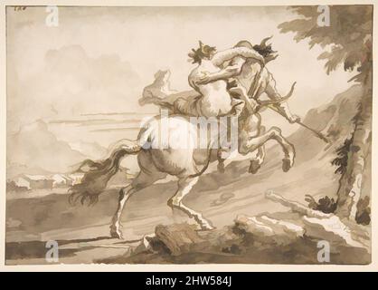 Art inspiré par la vue arrière d'un Centaur enlevant une Satiress, 1727–1804, stylo et encre brune, brosse et lavage brun, sur la craie noire. Lignes de cadrage au stylo et à l'encre brune, 7 11/16 x 10 13/16in. (19,5 x 27,5cm), dessins, Giovanni Domenico Tiepolo (Italien, Venise 1727–1804 Venise, oeuvres classiques modernisées par Artotop avec une touche de modernité. Formes, couleur et valeur, impact visuel accrocheur sur l'art émotions par la liberté d'œuvres d'art d'une manière contemporaine. Un message intemporel qui cherche une nouvelle direction créative. Artistes qui se tournent vers le support numérique et créent le NFT Artotop Banque D'Images