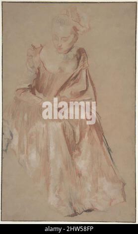 Art inspiré par une femme assise tenant un Fan, ca7, rouge, noir, et blanc craie, 8 3/8 x 8 1/8 po (21,3 x 20,6 cm), dessins, Antoine Watteau (français, Valenciennes 1684–1721 Nogent-sur-Marne), Watteau était plus célèbre pour ses fêtes galantes—scènes de figures aristocratiques et théâtrales chez, oeuvres classiques modernisées par Artotop avec une touche de modernité. Formes, couleur et valeur, impact visuel accrocheur sur l'art émotions par la liberté d'œuvres d'art d'une manière contemporaine. Un message intemporel qui cherche une nouvelle direction créative. Artistes qui se tournent vers le support numérique et créent le NFT Artotop Banque D'Images