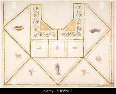 Art inspiré par le design pour un plafond de style Pompeian, 18th Century, stylo et encre rouge, pinceau et jaune, vert, bleu, rouge, et aquarelle grise, sur plomb ou graphite, sur papier crème, 9 5/16 x 12 1/16 po. (23,6 x 30,7 cm), Anonyme, Italien, première moitié du 18th siècle, oeuvres classiques modernisées par Artotop avec une touche de modernité. Formes, couleur et valeur, impact visuel accrocheur sur l'art émotions par la liberté d'œuvres d'art d'une manière contemporaine. Un message intemporel qui cherche une nouvelle direction créative. Artistes qui se tournent vers le support numérique et créent le NFT Artotop Banque D'Images