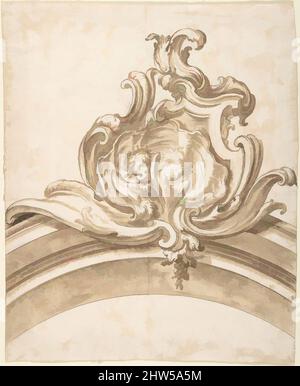 Art inspiré par Design for a Cartouche with Two Putti Heads Inside a Shell, top of an Arch, 1700–1780, stylo et encre brune, pinceau et lavage brun, sur point de plomb ou graphite, avec construction réglée (recto). Croquis à la craie noire (vert), 9 3/4 x 8 1/16 po (24,8 x 20,4 cm), dessins, oeuvres classiques modernisées par Artotop avec une touche de modernité. Formes, couleur et valeur, impact visuel accrocheur sur l'art émotions par la liberté d'œuvres d'art d'une manière contemporaine. Un message intemporel qui cherche une nouvelle direction créative. Artistes qui se tournent vers le support numérique et créent le NFT Artotop Banque D'Images