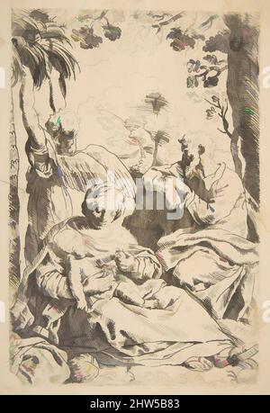 Art inspiré par la pose en Égypte, la Sainte famille assise pendant qu'un ange tire à des branches d'arbre, copie après Cantarini, ca. 1637–1639 ou après, Décapage, feuille : 9 11/16 × 6 15/16 po. (24,6 × 17,6 cm), tirages, après Simone Cantarini (Italien, Pesaro 1612–1648 Vérone, oeuvres classiques modernisées par Artotop avec une touche de modernité. Formes, couleur et valeur, impact visuel accrocheur sur l'art émotions par la liberté d'œuvres d'art d'une manière contemporaine. Un message intemporel qui cherche une nouvelle direction créative. Artistes qui se tournent vers le support numérique et créent le NFT Artotop Banque D'Images