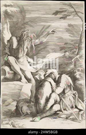 Art inspiré par le rêve d'Aeneas: Aeneas repose sa tête sur ses mains au-dessus de son bouclier, tandis que le Dieu de la rivière Tiber s'incline sur un navire et pointe vers le haut avec sa main gauche, ca. 1663–1664, Décapage et point sec, feuille : 13 13/16 x 9 3/16 po. (35,1 x 23,3 cm), Prints, Salvator Rosa (Italien, oeuvres classiques modernisées par Artotop avec une touche de modernité. Formes, couleur et valeur, impact visuel accrocheur sur l'art émotions par la liberté d'œuvres d'art d'une manière contemporaine. Un message intemporel qui cherche une nouvelle direction créative. Artistes qui se tournent vers le support numérique et créent le NFT Artotop Banque D'Images