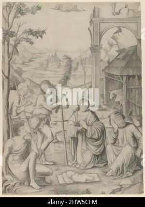 Art inspiré par l'adoration des bergers, ca. 1504, gravure, 14 1/4 x 10 9/16 pouces (36,2 x 26,8 cm), tirages, Marcantonio Raimondi (italien, Argini (?) env. 1480–avant 1534 Bologne, les œuvres classiques modernisées par Artotop avec une touche de modernité. Formes, couleur et valeur, impact visuel accrocheur sur l'art émotions par la liberté d'œuvres d'art d'une manière contemporaine. Un message intemporel qui cherche une nouvelle direction créative. Artistes qui se tournent vers le support numérique et créent le NFT Artotop Banque D'Images